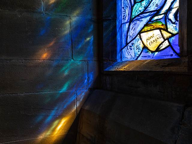Light through the south chancel window with signature