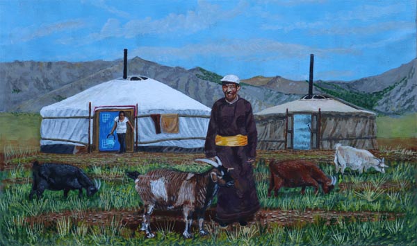 Jeremy-Bear-Mongolian-Herder-with-Gers-and-Goats-acrylic-on-canvas