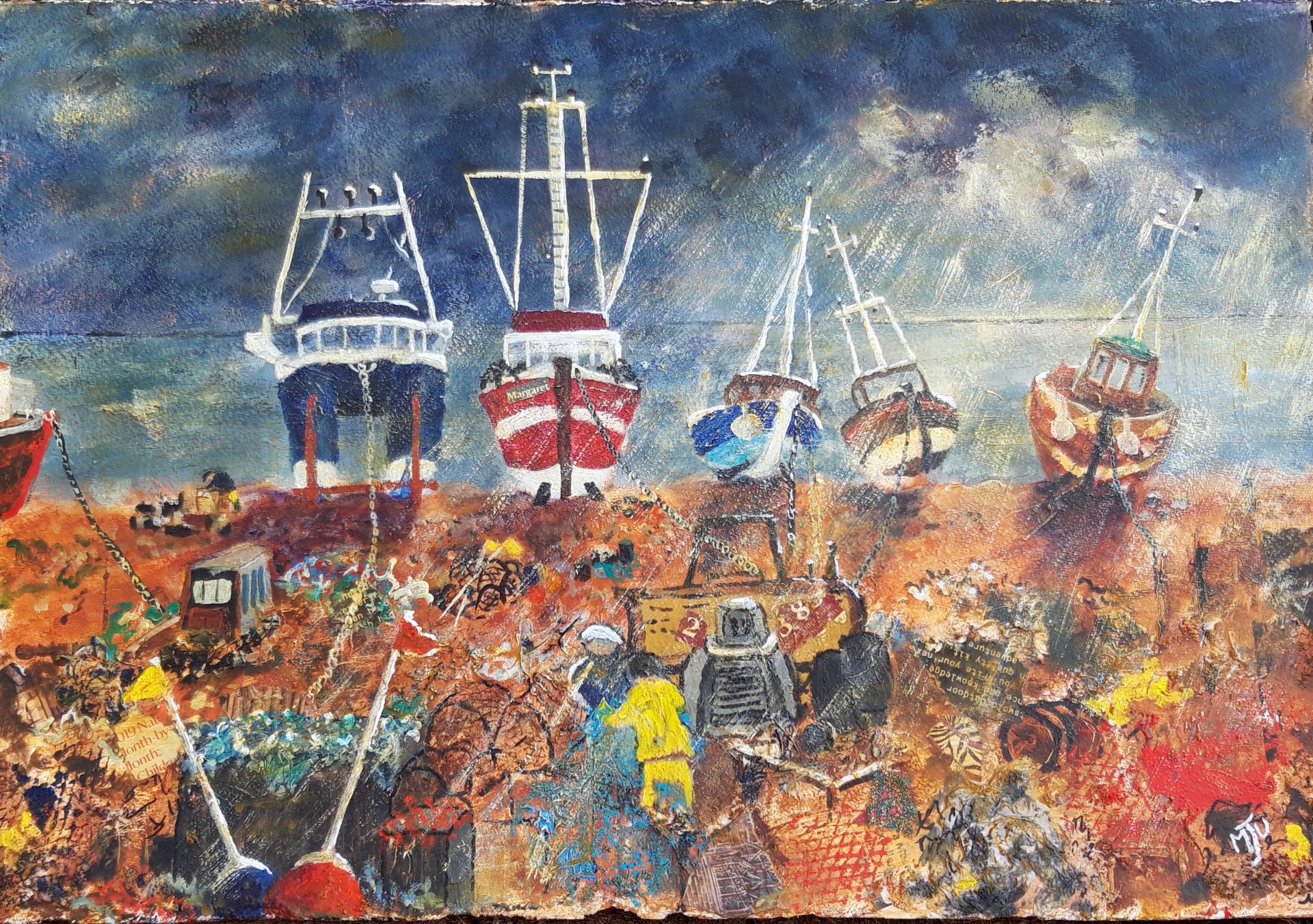 Fishing Boats on Hastings Beach Mixed Media by Mike Unsworth SOLD